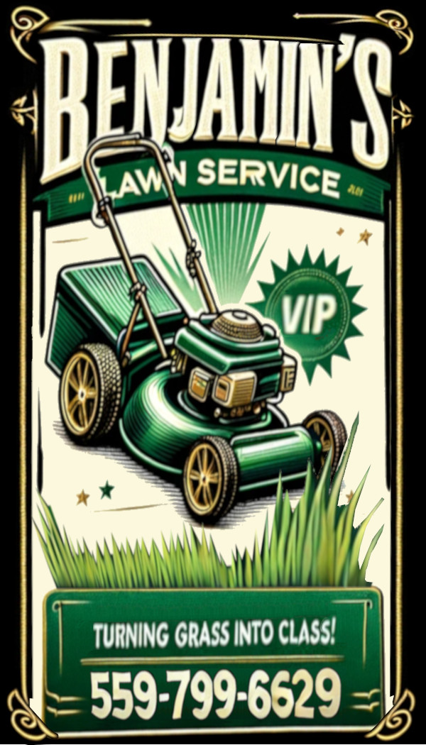 Benjamin’s Lawn Service vintage mower artwork. Turning grass into class. 559-799-6629.